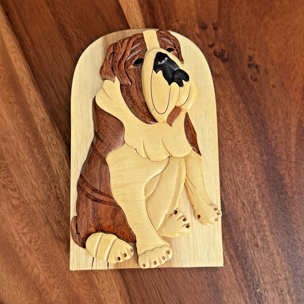 Carver Dan Bulldog Puzzle Box Hand‎ Carved Wood Trinket Box New Recycled 6" Folk